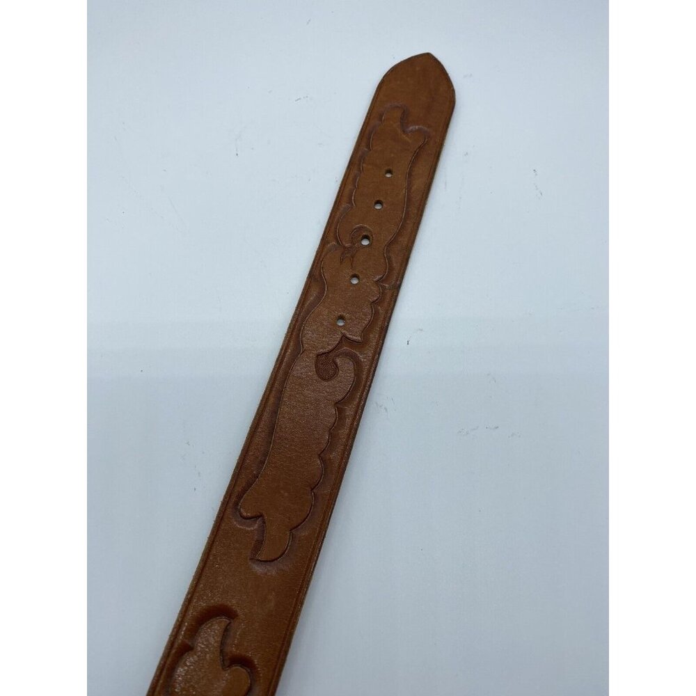 Brown Women's Embossed Belt Genuine Leather Size 26 Brass Buckle - Picture 4 of 16